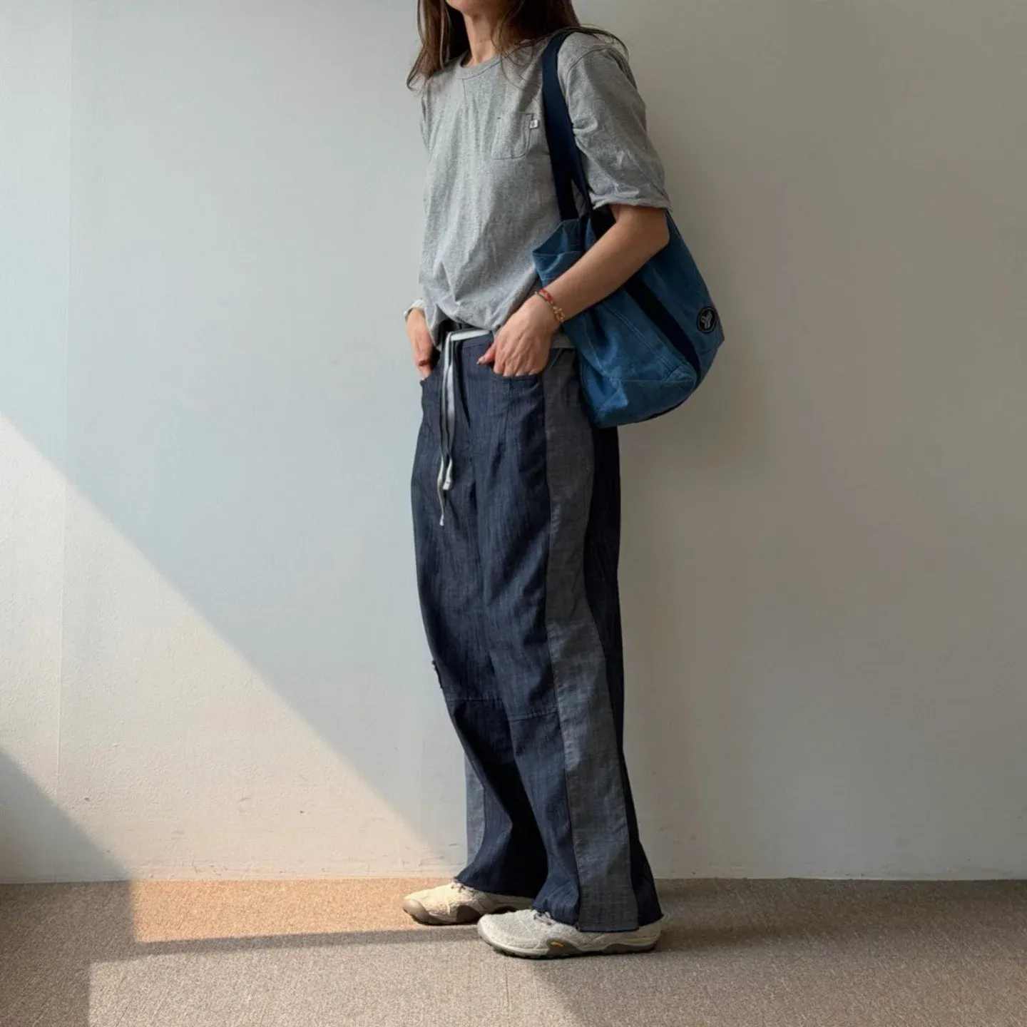 韓 側拚色綁帶小寬褲 3色 size