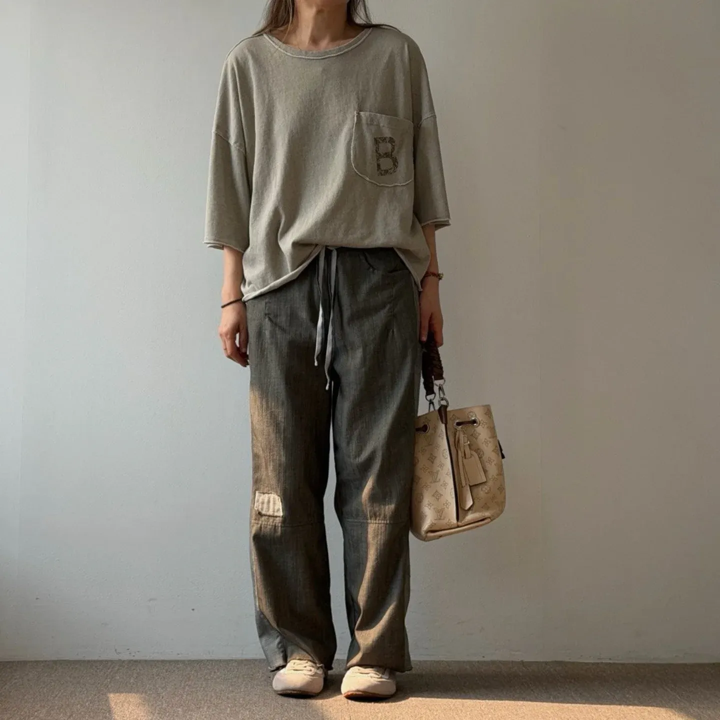 韓 側拚色綁帶小寬褲 3色 size