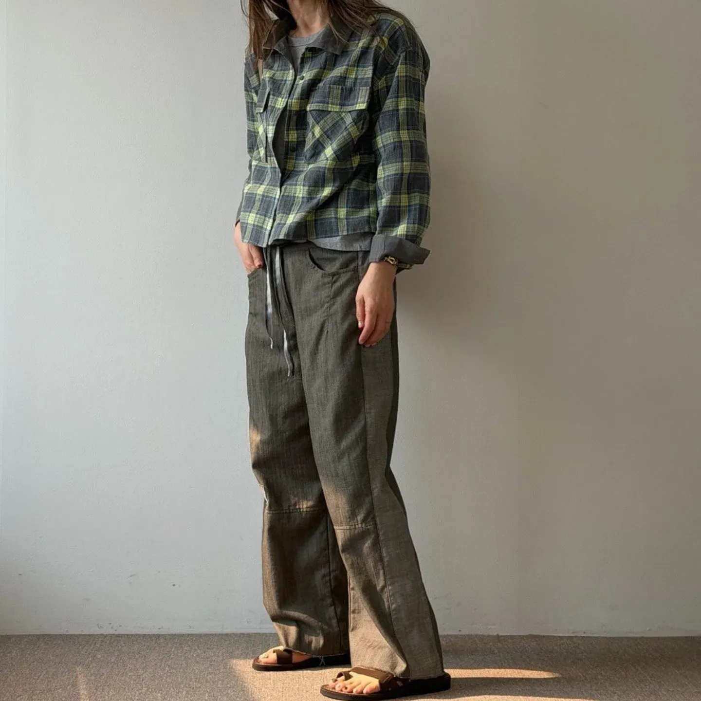 韓 側拚色綁帶小寬褲 3色 size