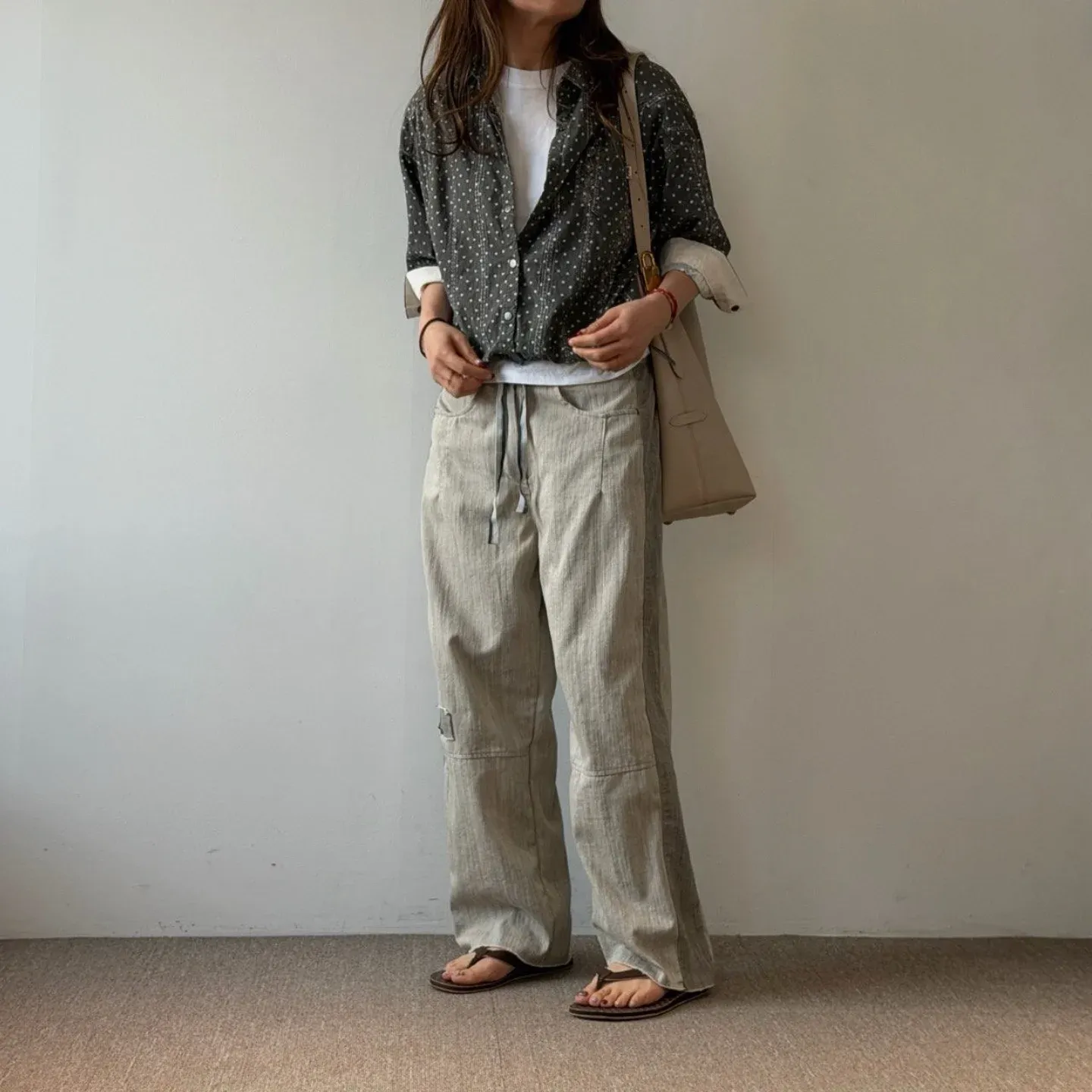 韓 側拚色綁帶小寬褲 3色 size