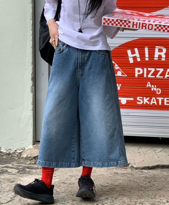 韓 淺刷色八分牛仔寬褲 size