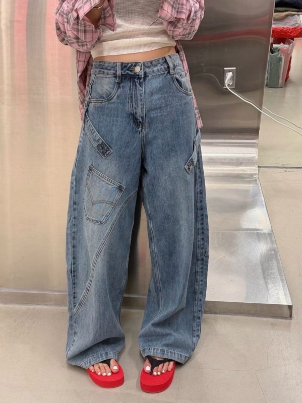 韓 斜車線斜口袋牛仔褲