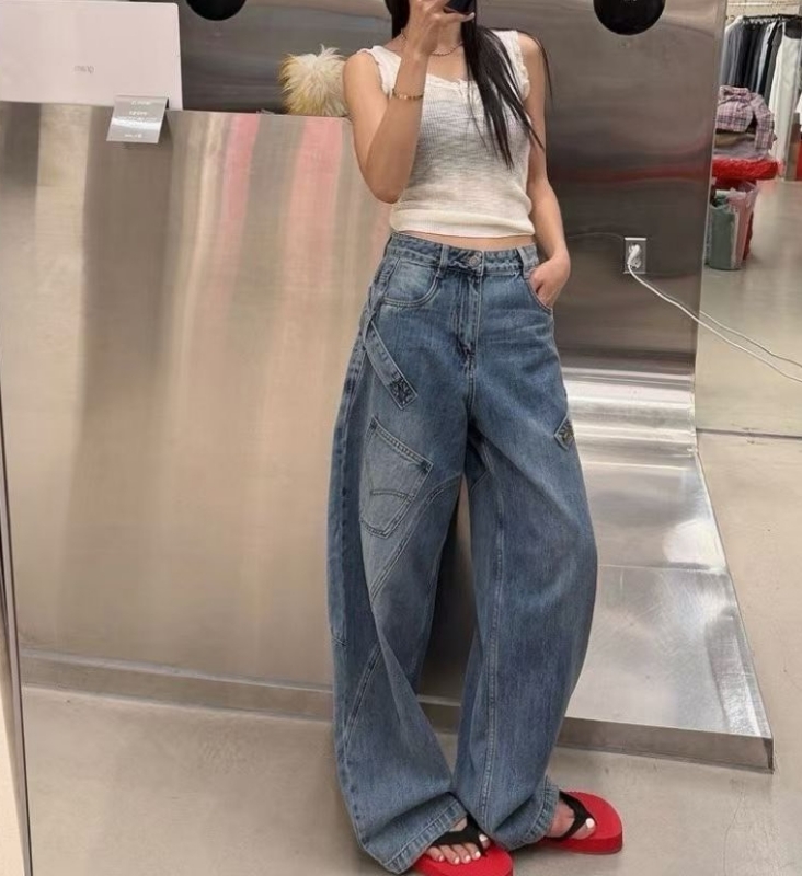 韓 斜車線斜口袋牛仔褲