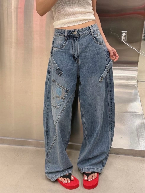 韓 斜車線斜口袋牛仔褲