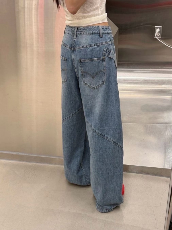 韓 斜車線斜口袋牛仔褲