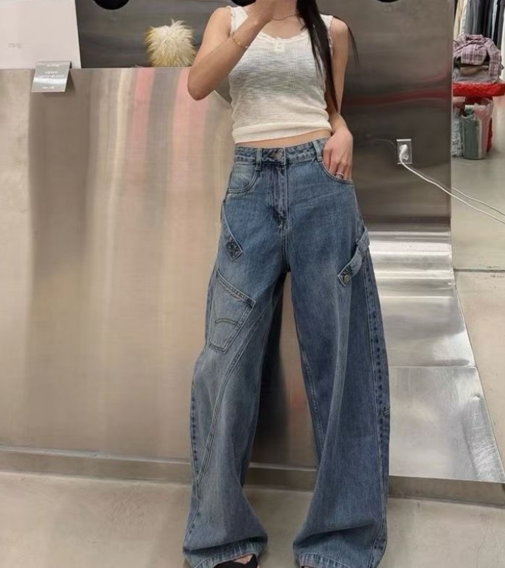 韓 斜車線斜口袋牛仔褲