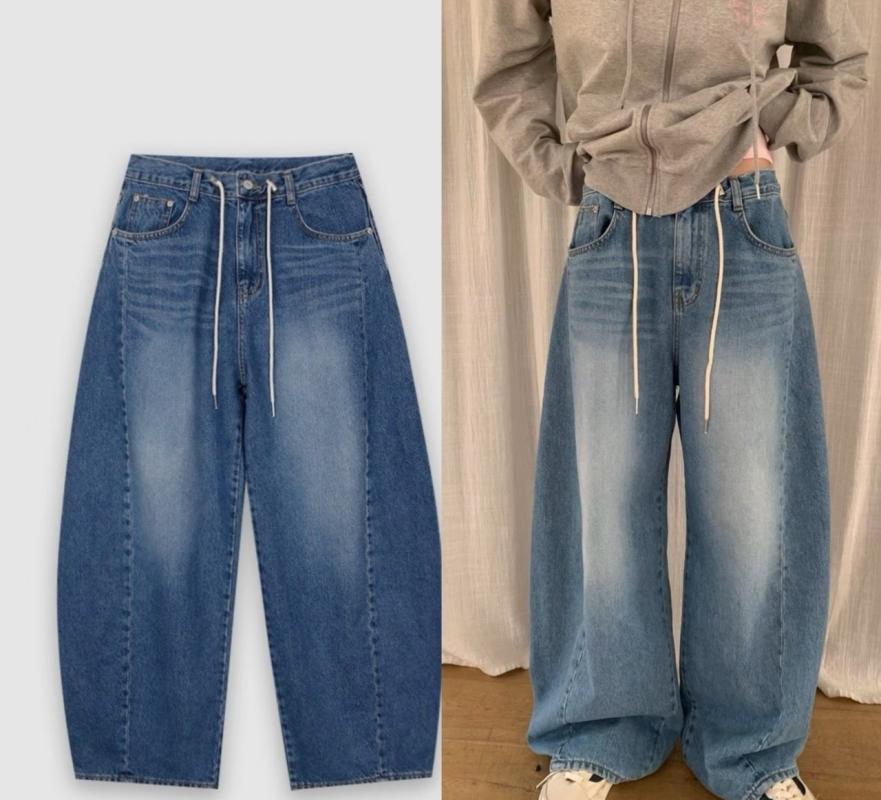 韓 綁帶大腿刷白牛仔褲 2色