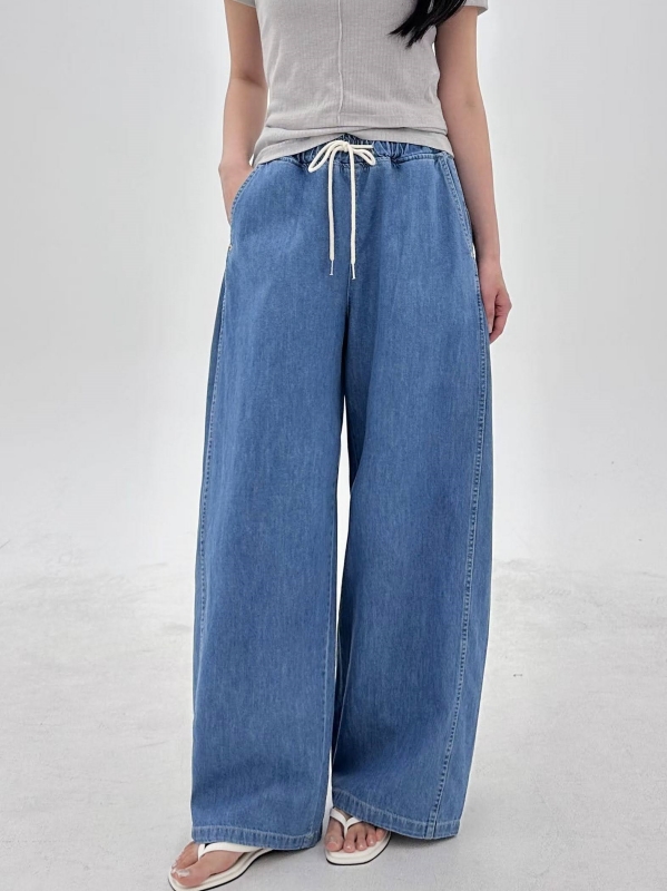 韓 綁帶側車線牛仔寬褲