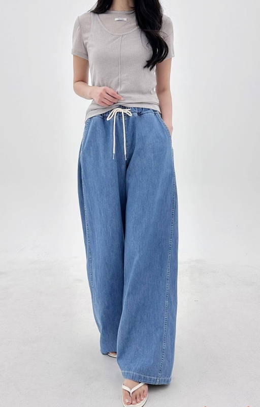 韓 綁帶側車線牛仔寬褲