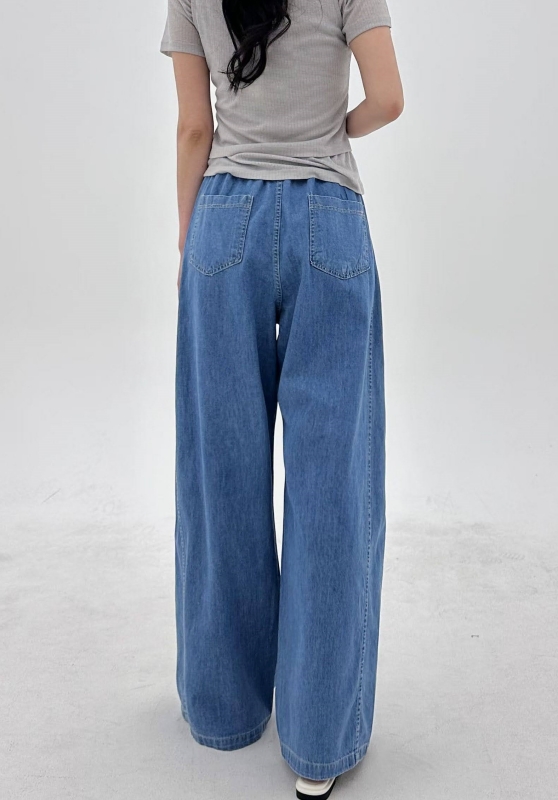 韓 綁帶側車線牛仔寬褲