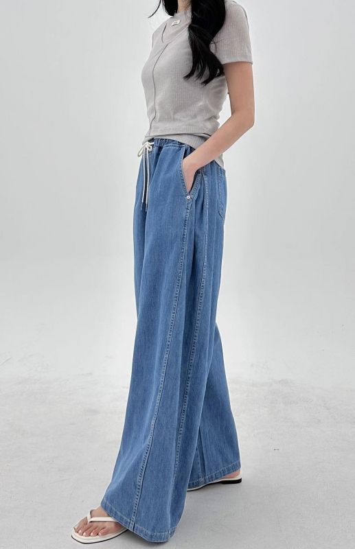 韓 綁帶側車線牛仔寬褲