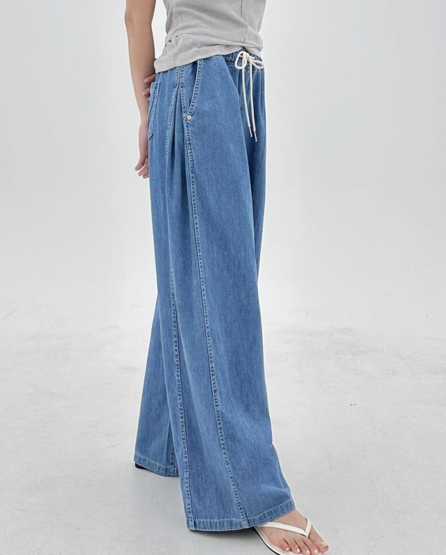 韓 綁帶側車線牛仔寬褲