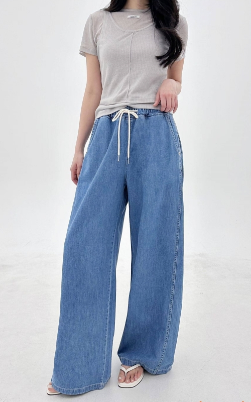 韓 綁帶側車線牛仔寬褲