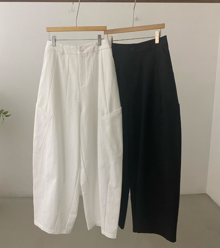 韓 低斜大口袋寬褲 2色