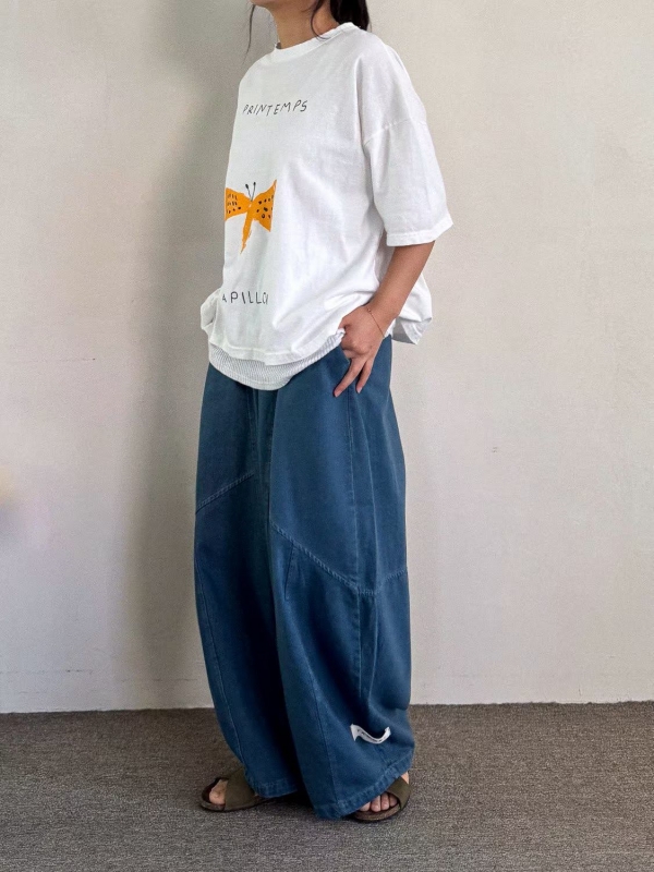 韓 下小標車線牛仔寬褲
