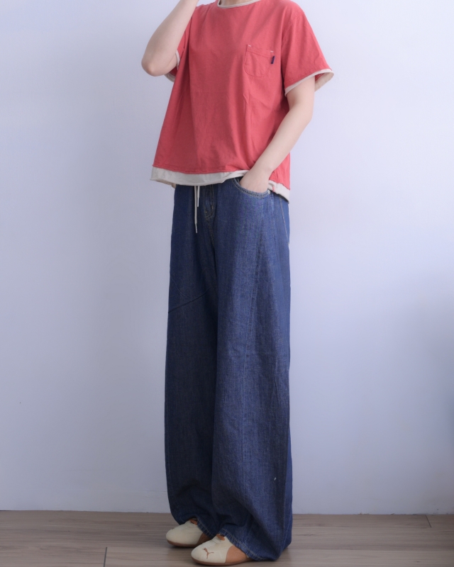 韓 口袋小標牛仔寬褲 3色 size
