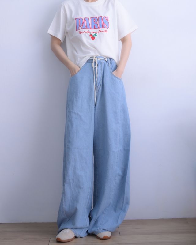 韓 口袋小標牛仔寬褲 3色 size