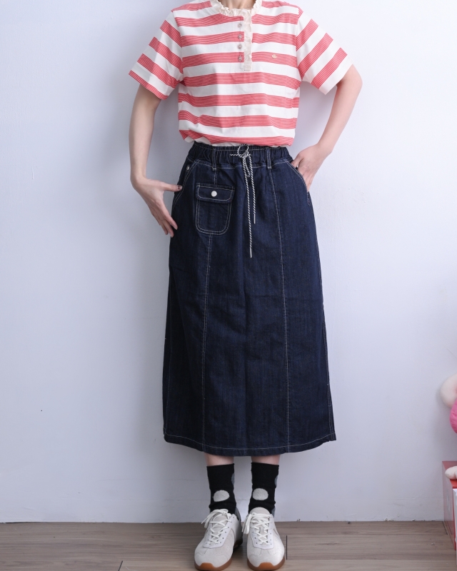 韓 前單口袋牛仔裙