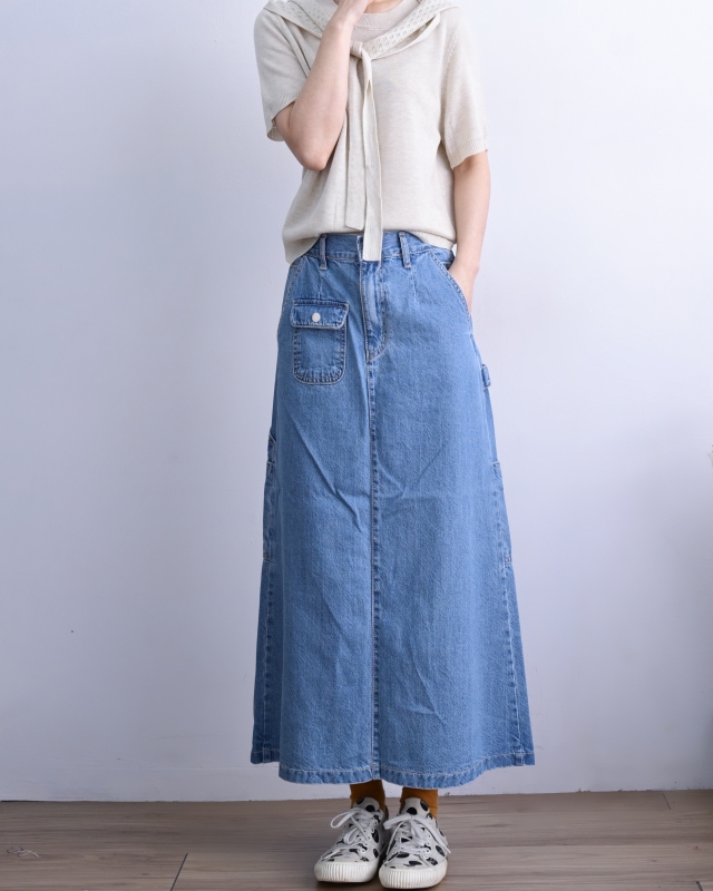 韓 小口袋淺刷色牛仔裙 size
