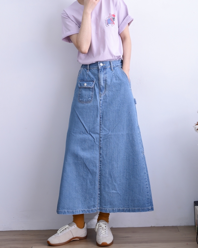 韓 小口袋淺刷色牛仔裙 size