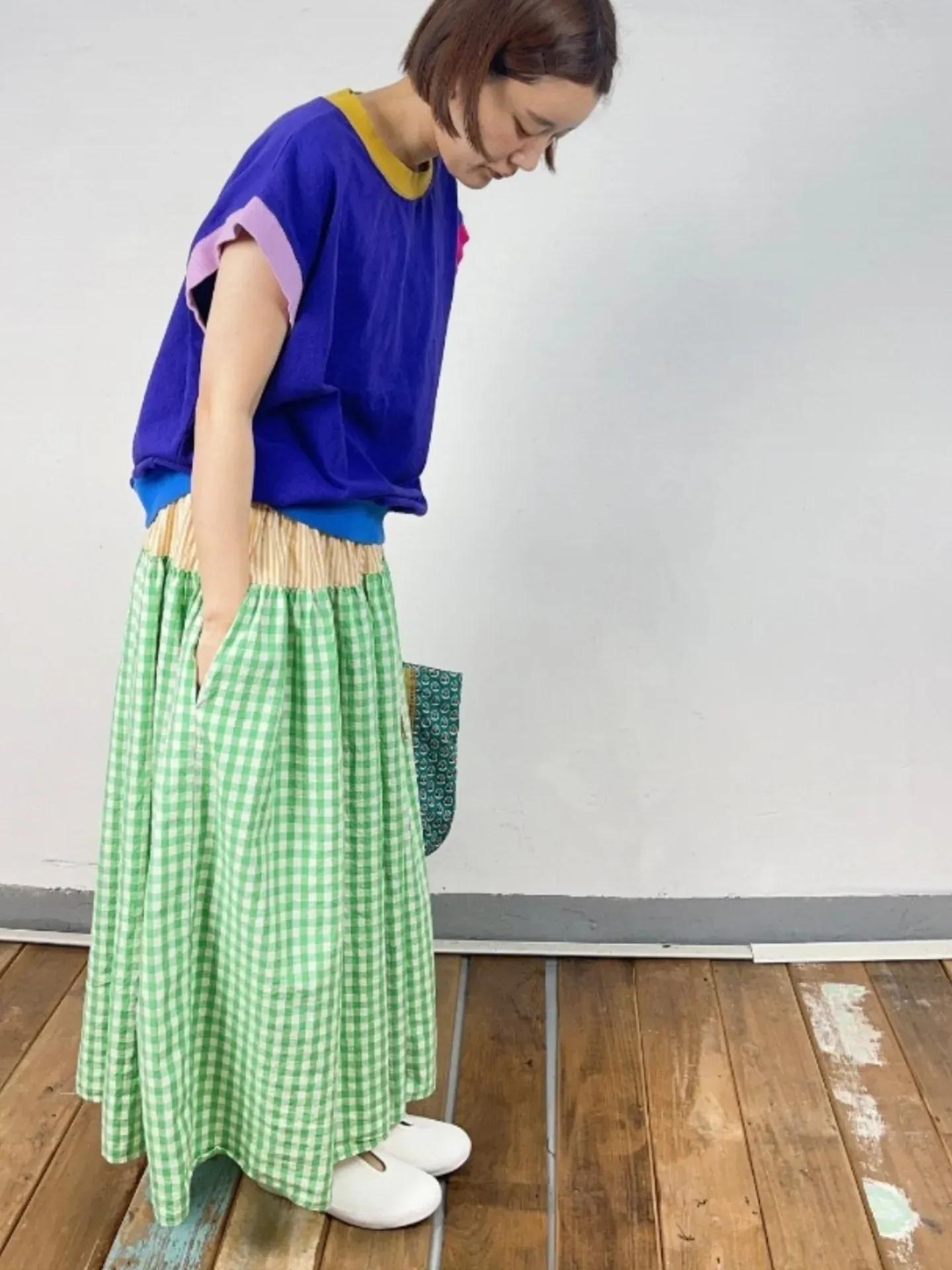 韓 拚色小格文長裙 3色