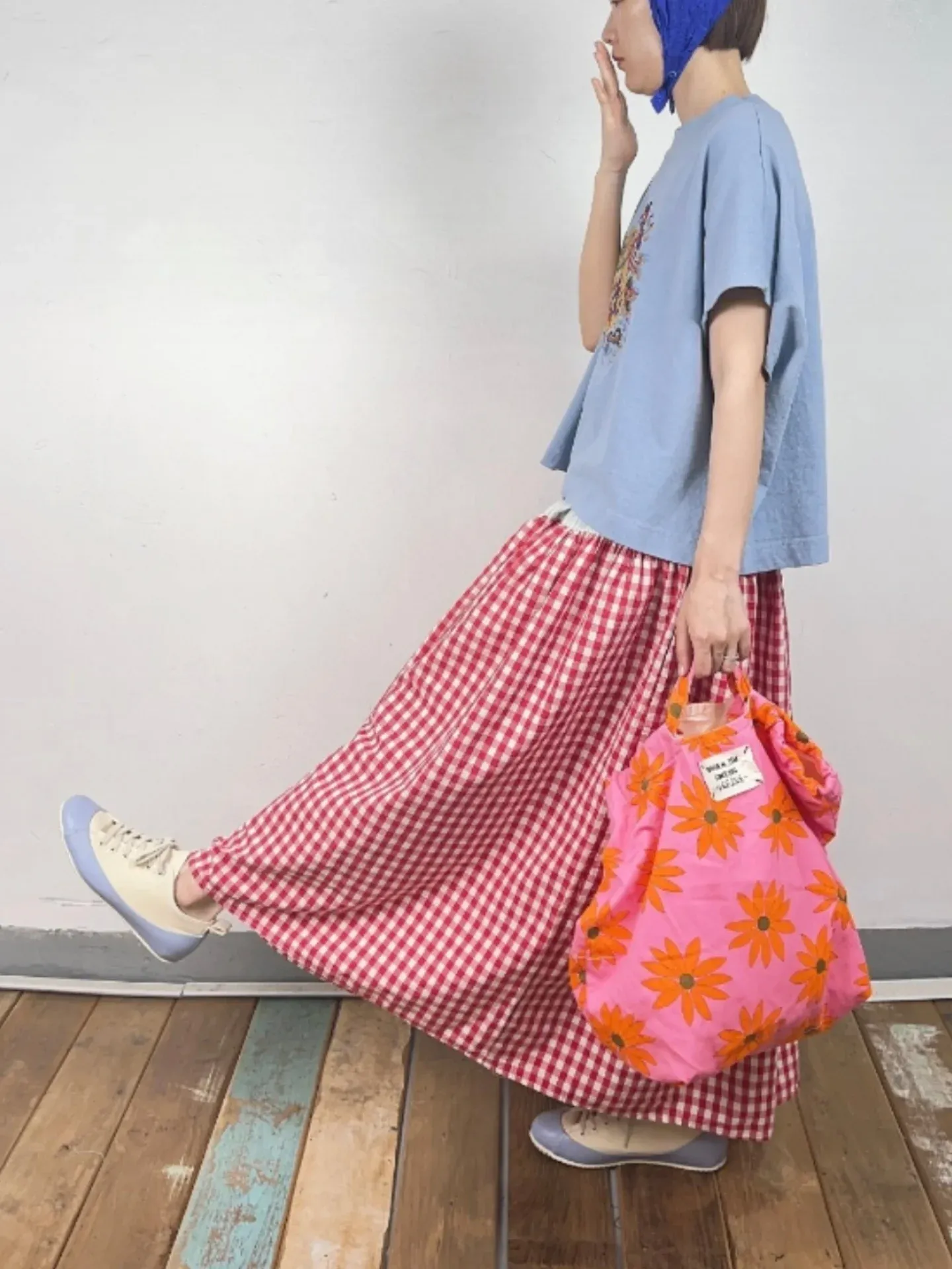 韓 拚色小格文長裙 3色
