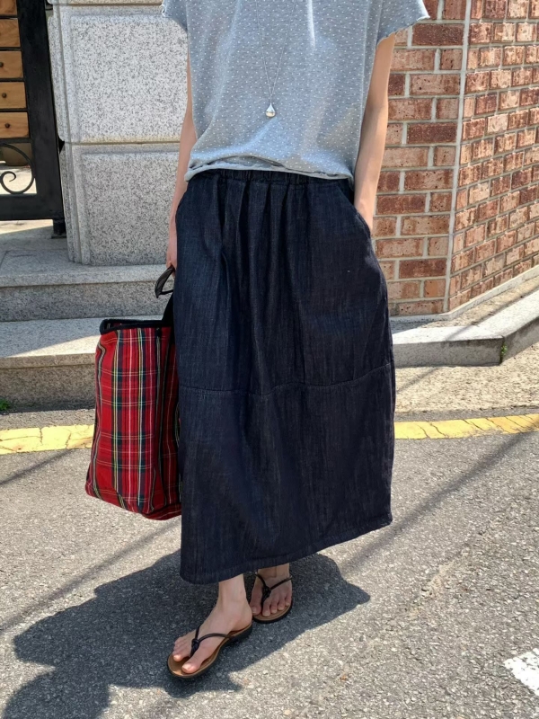 韓 剪接深藍牛仔裙