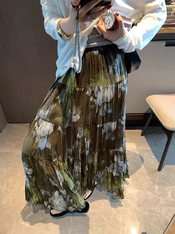 韓 暈染綠白花長裙