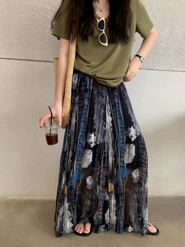 韓 暈染壓摺長裙