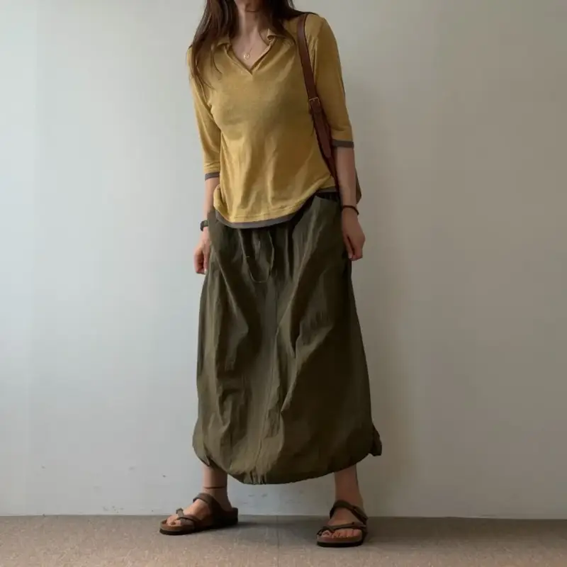韓 裙襬抽繩長裙 3色
