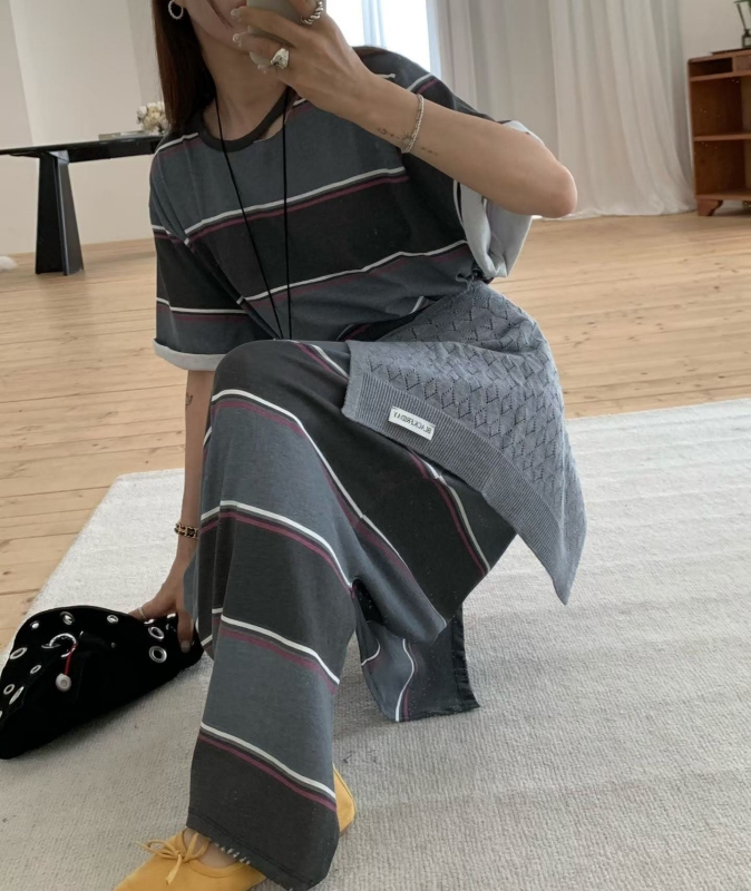 韓 粗條文休閒長洋 2色
