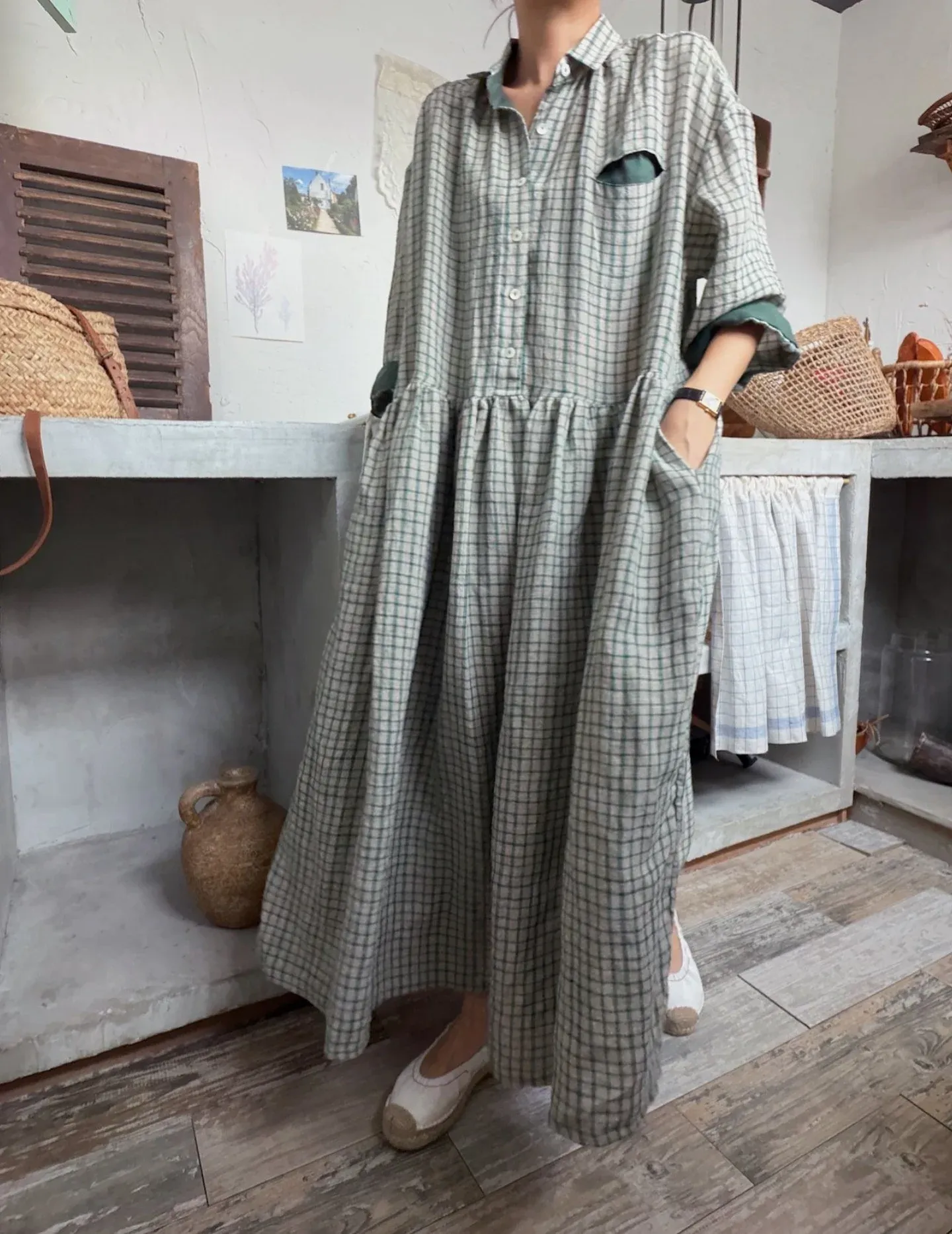 韓 袖配色小格文長洋 2色