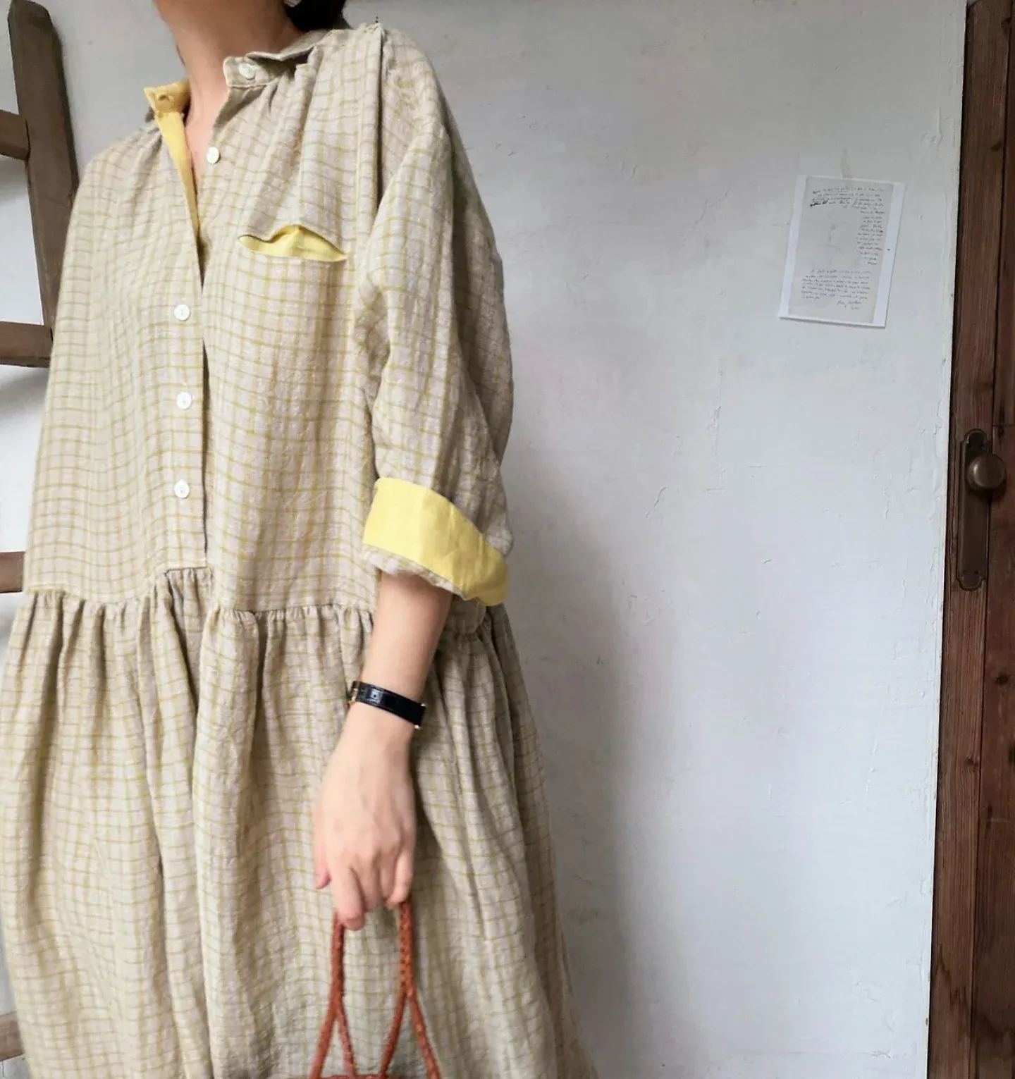 韓 袖配色小格文長洋 2色