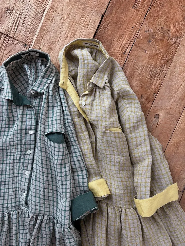 韓 袖配色小格文長洋 2色