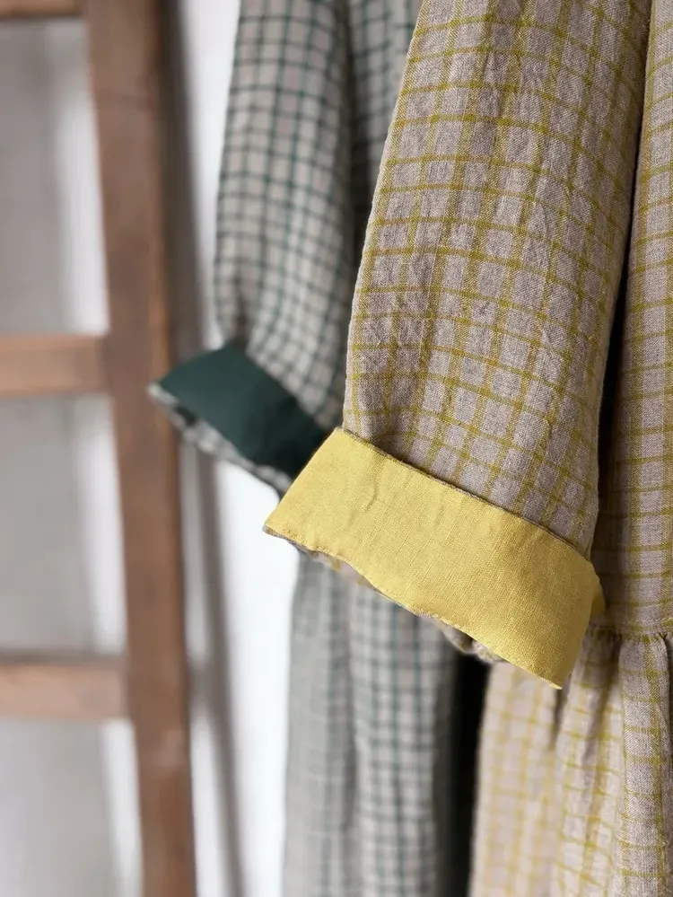 韓 袖配色小格文長洋 2色