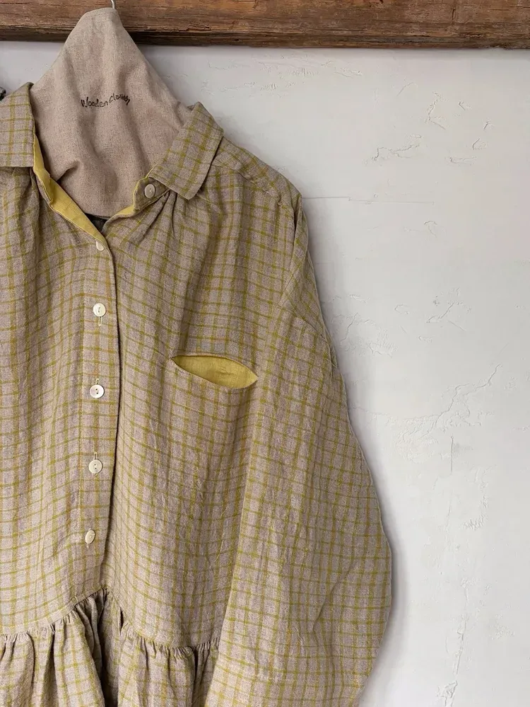 韓 袖配色小格文長洋 2色