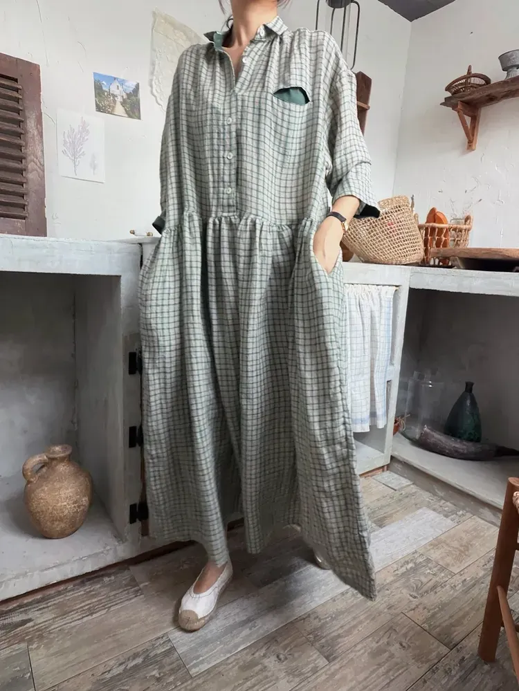 韓 袖配色小格文長洋 2色