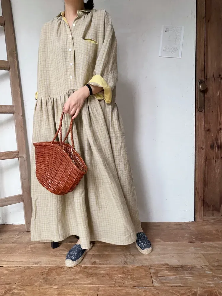 韓 袖配色小格文長洋 2色