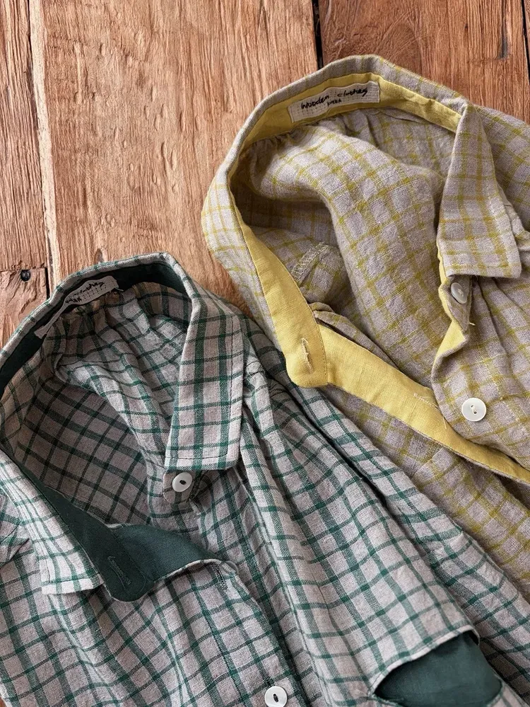 韓 袖配色小格文長洋 2色