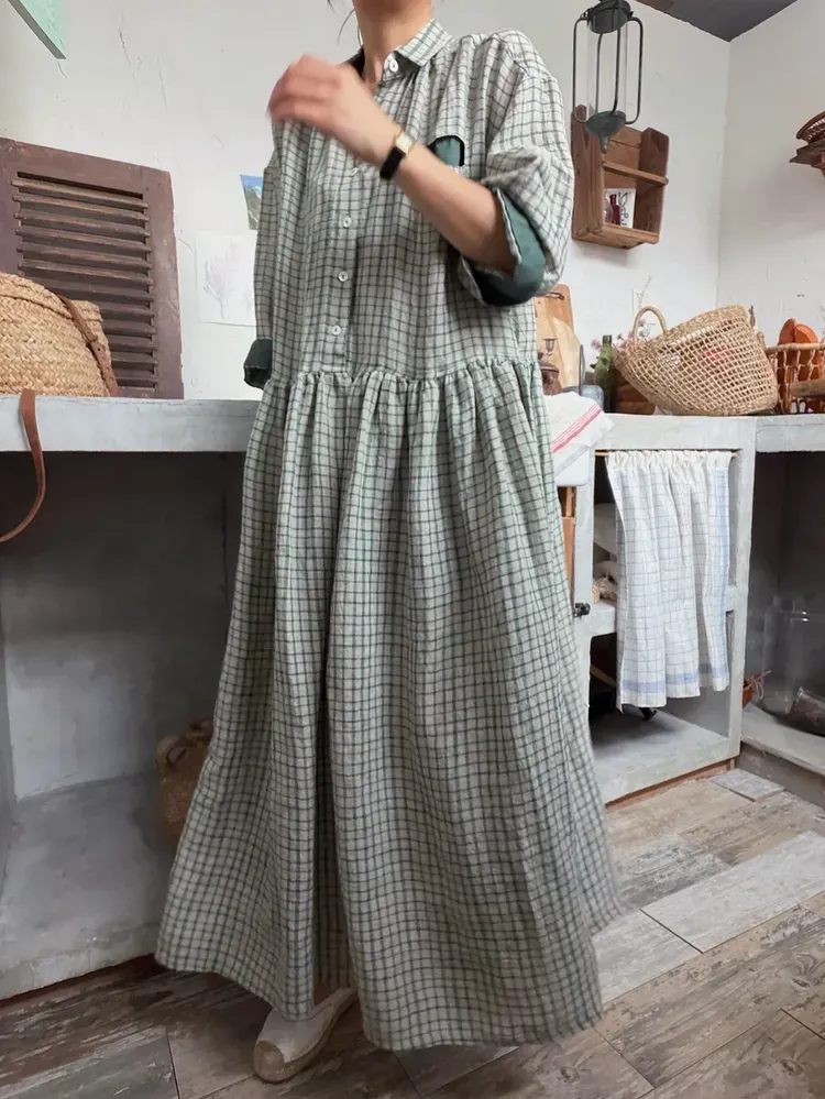 韓 袖配色小格文長洋 2色