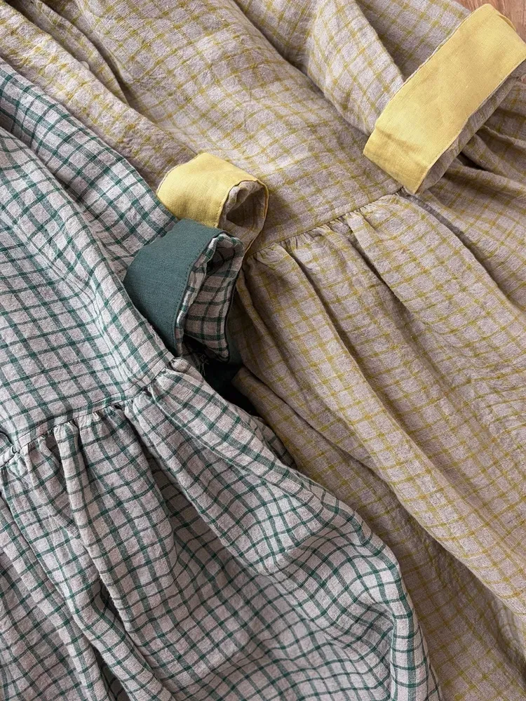 韓 袖配色小格文長洋 2色