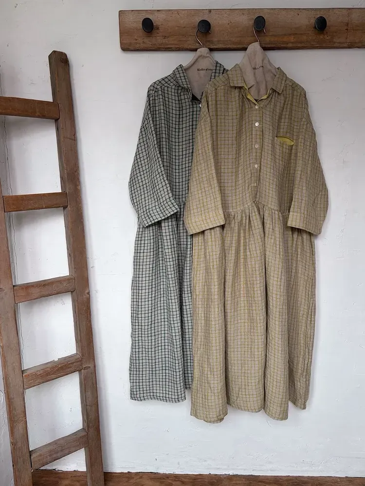 韓 袖配色小格文長洋 2色