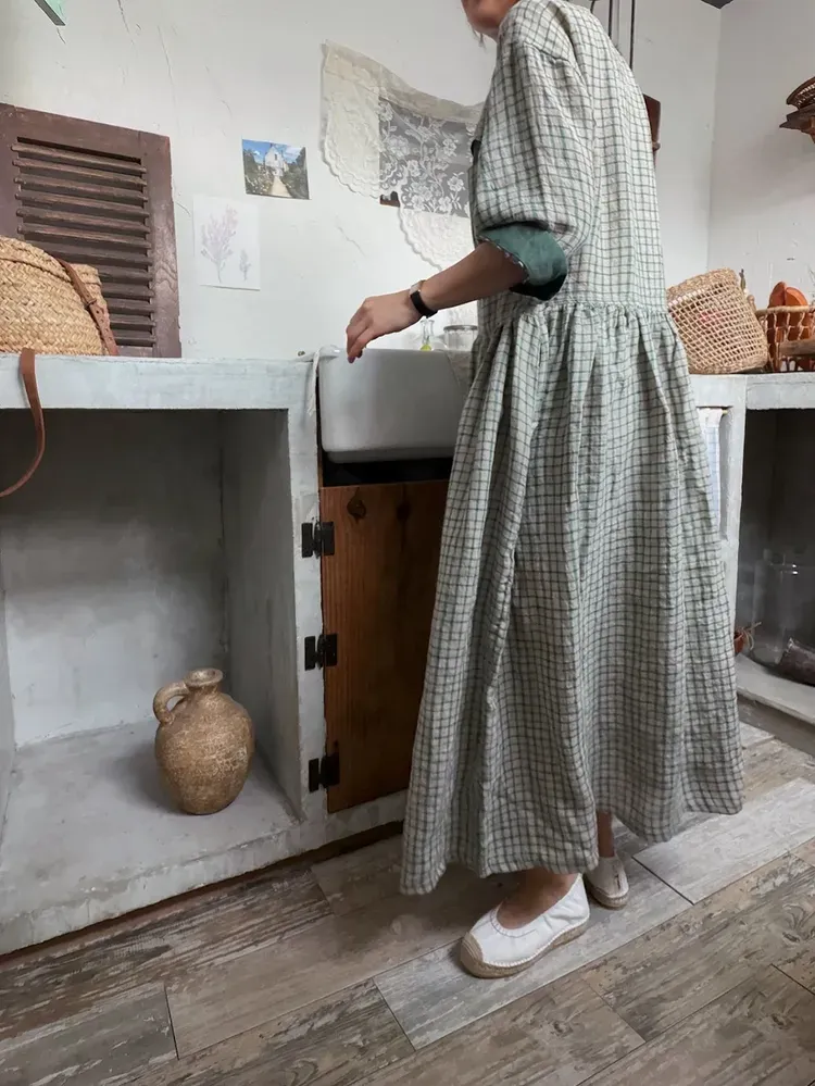 韓 袖配色小格文長洋 2色