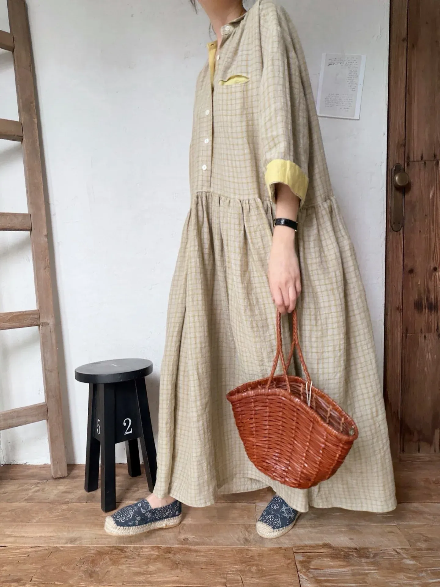 韓 袖配色小格文長洋 2色