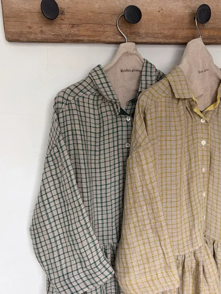 韓 袖配色小格文長洋 2色