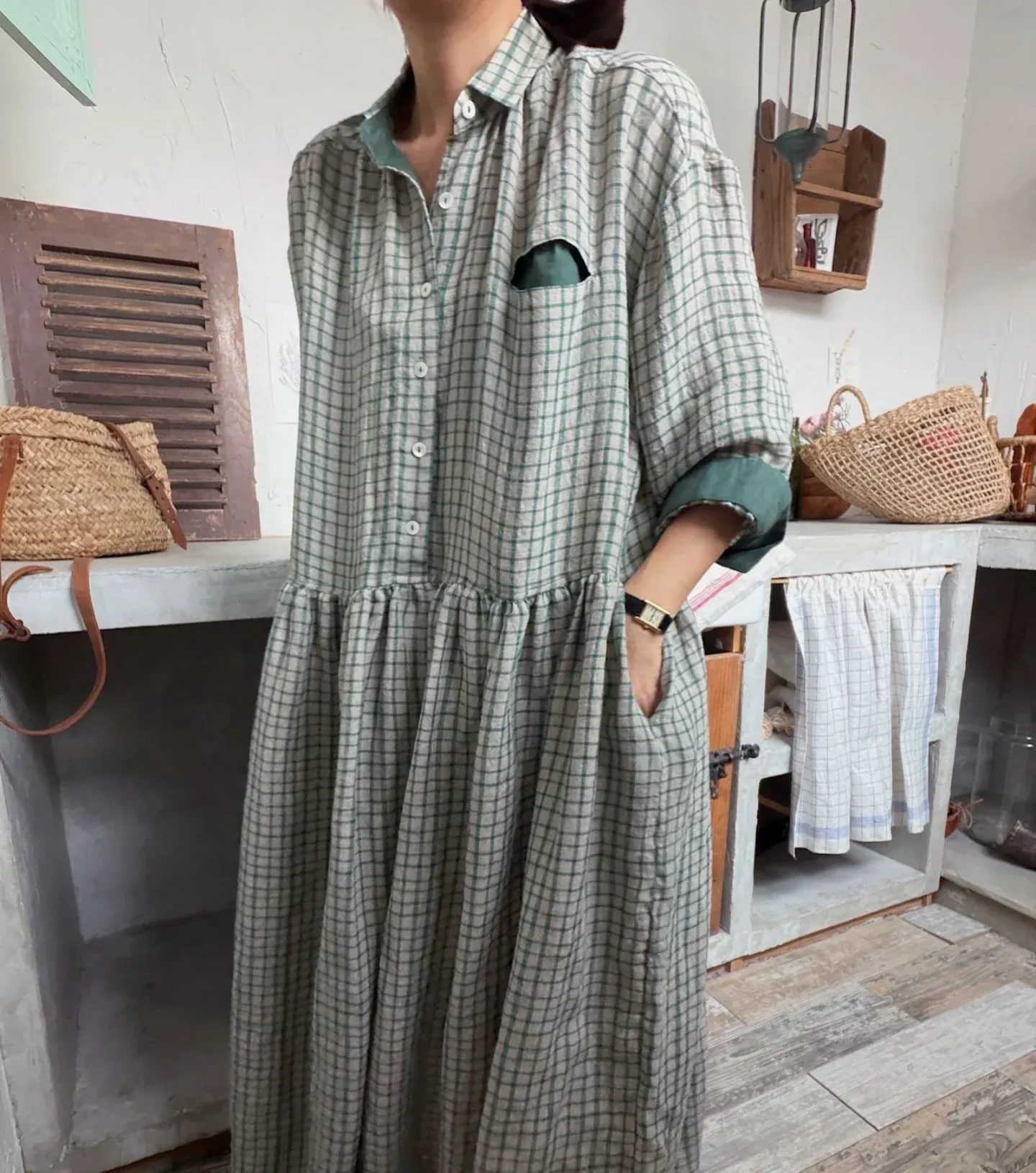 韓 袖配色小格文長洋 2色