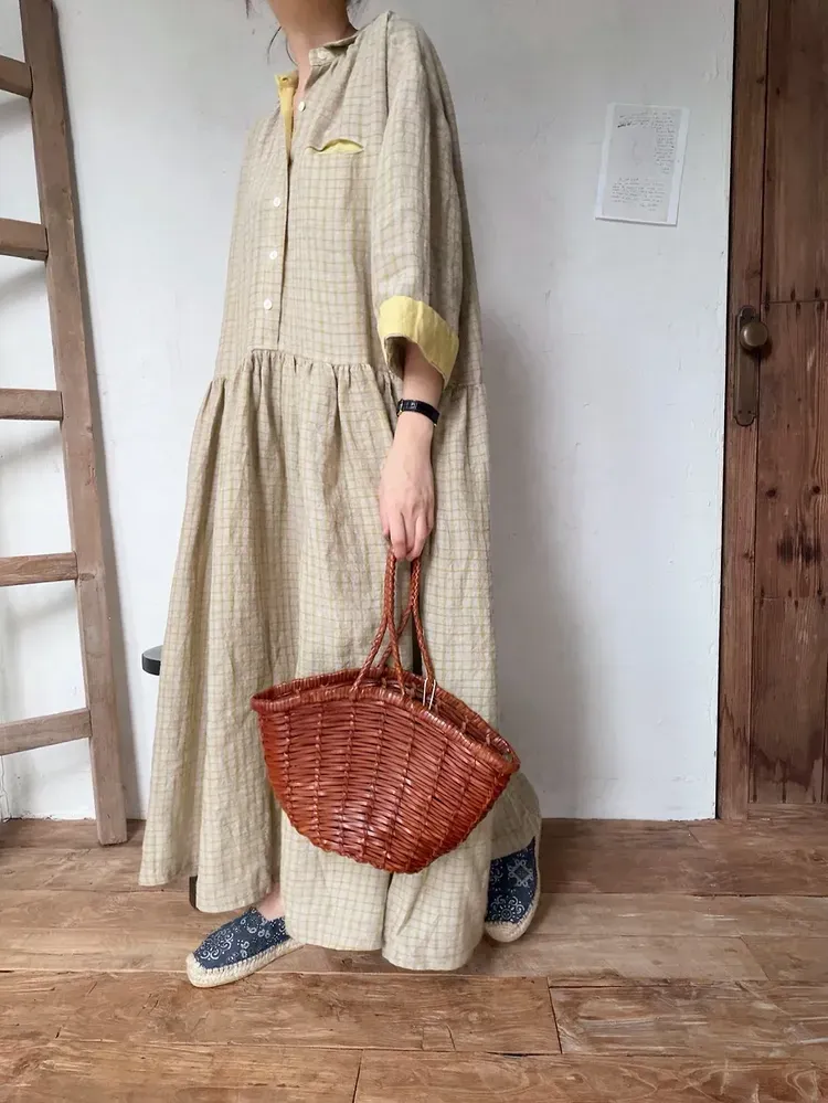 韓 袖配色小格文長洋 2色