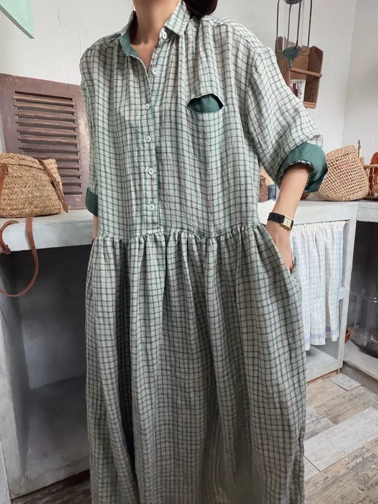 韓 袖配色小格文長洋 2色