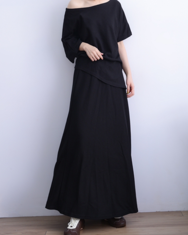 韓 鬆餅格上衣+長裙套裝 2色