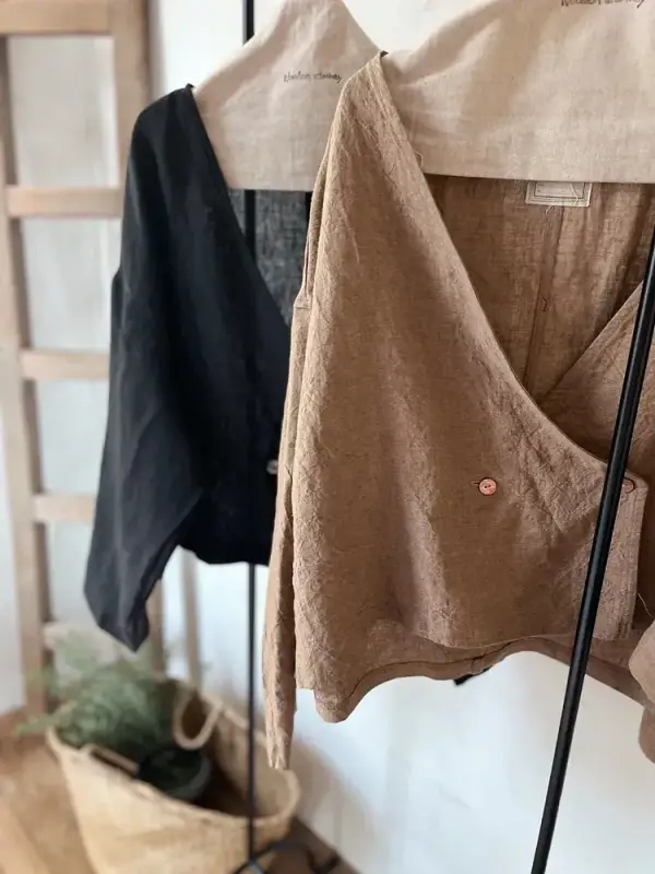 韓 大V領棉麻外套 2色